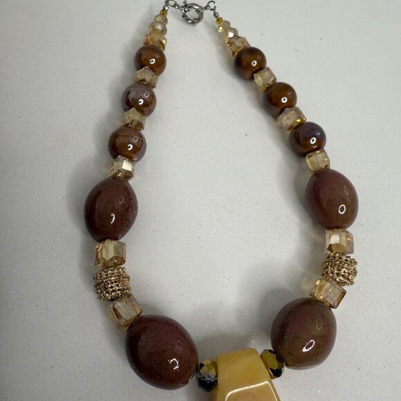 Vintage Statement  Necklace Semi Precious Stones Crystals Beige Brown Burgandy - Picture 4 of 8